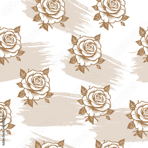 seamless pattern with blooming roses and paint strokes
