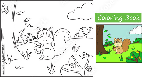 Coloring cute squirrels. Preschooler activity paper. learn to color. Child education. Vector illustration	