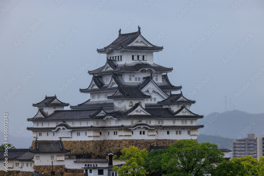 Historic Japanese castle in Himeji on grey overcast day