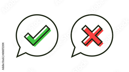 check mark icon line speech bubble set. check box icon with yes or no checkmark icons in green tick box and red cross, right and wrong buttons chat bubbles. vector illustration