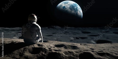 Rear view of an astronaut gazing at a beautiful earthrise, marveling at the blue planet from the vantage point of the moon, concept of Awe-inspiring vastness, created with Generative AI technology photo