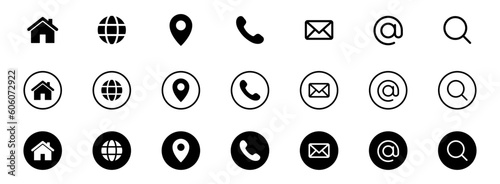 Contact us icon set. Web icons , home, call, location, globe, world, message, mail, address, search, magnifying glass, website, icon - Contact information icons for business card