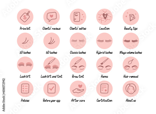 Highlights cover backgrounds. Eyelash and eyebrows beauty business vector icons bundle