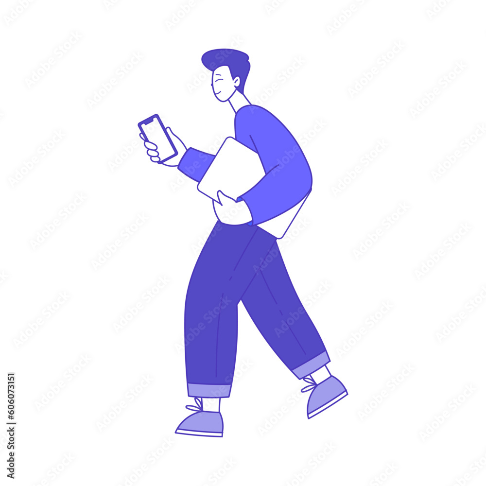 Man Character Walking with Smartphone Using Social Media Vector Illustration