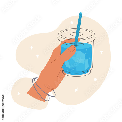 A womans hand holds a refreshing iced tea in a plastic glass with a straw. Summer refreshing cocktail with ice. Vector stock illustration isolated on white background. 