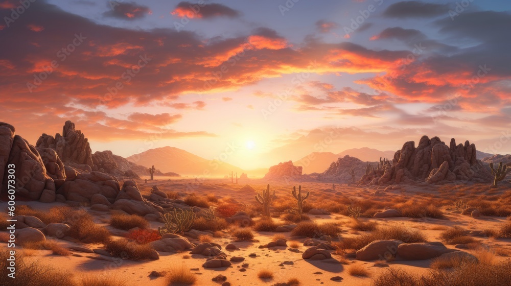 Sunset over a desert landscape. Generative AI