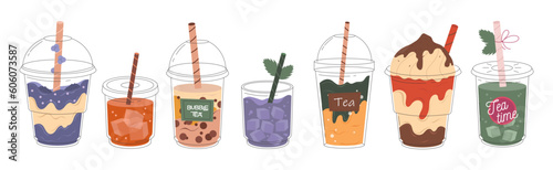 Collection of Bubble Milk Tea with tapioca pearls. Boba tea. Cold Asian Taiwanese drink. Summer cold drink. Milk cocktail with cream. Vector stock illustration in hand drawn style. 