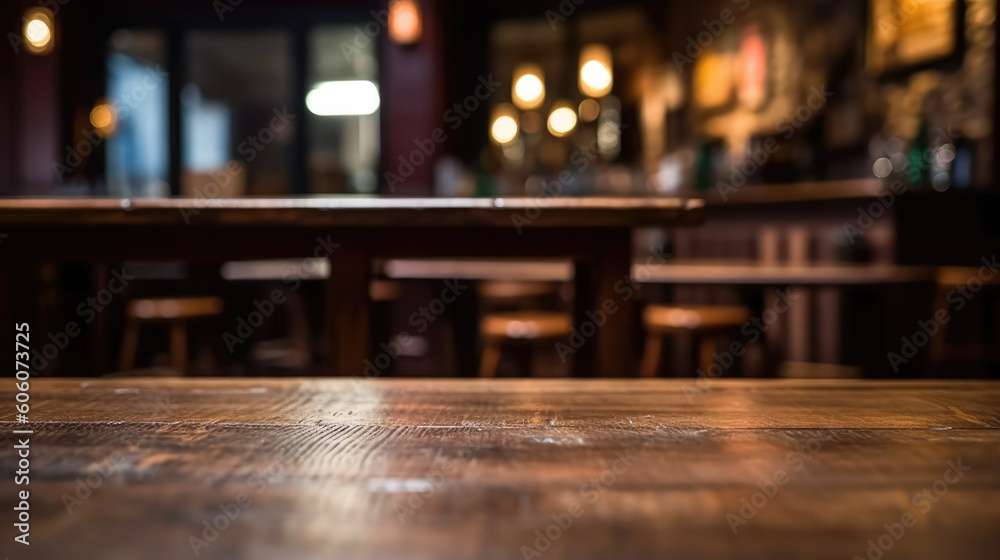 A wooden table in a bar with a blurred background