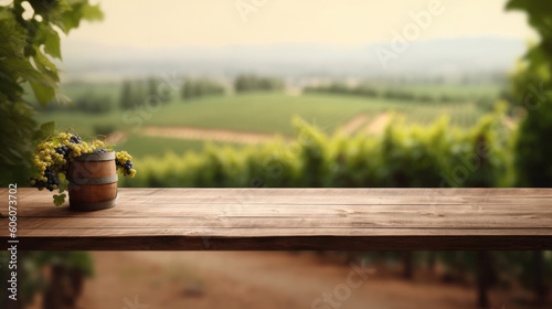 A wooden table with a view of a vineyard in the background photo