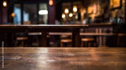 A wooden table in a bar with a blurred background