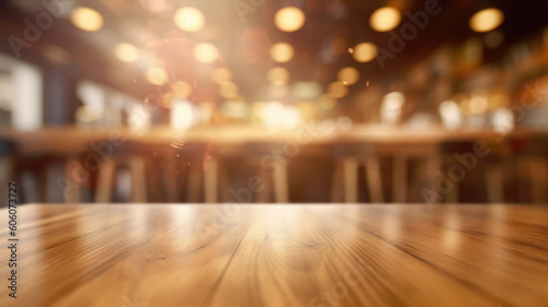 A wooden table in a bar with a blurred background