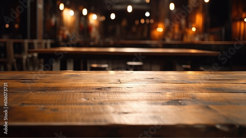 A wooden table in a bar with a blurred background