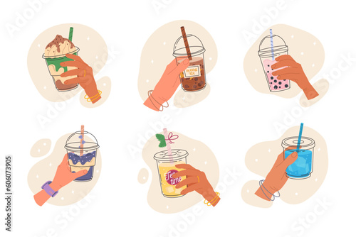 Set bubble tea cups in hands. Sweet boba tea, hand holding bubble tea, popular taiwanese drink. Milk cocktail with cream. Drink bubble tea, beverage ice in hand. Vector graphics in hand drawn style. 