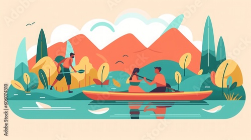 Couple in a boat, vector flat art illustratiom, lifestyle. AI generated