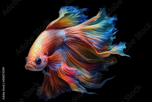 Siamesischer Kampffisch in Regenbogenfarben vor einem schwarzen Hintergrund, Generative AI
