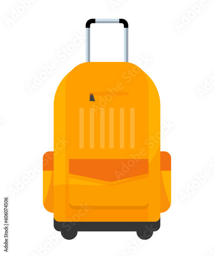 Yellow plastic suitcase on wheels with telescopic silver handle vector illustration. Cartoon isolated travel bag on trolley for luggage of tourist, modern valise for family baggage in summer vacation