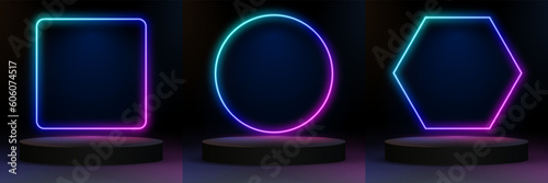 Set of blue, red-purple, green illuminate frame design. Abstract cosmic vibrant color podium backdrop. Collection of glowing neon lighting on dark background with copy space. Top view futuristic style