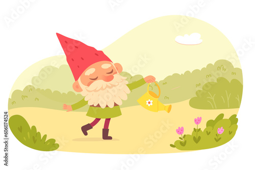 Old man with beard holding watering can to water plant vector illustration. Cartoon small dwarf with red hat and gumboots gardening, happy male magic character working with farm tools
