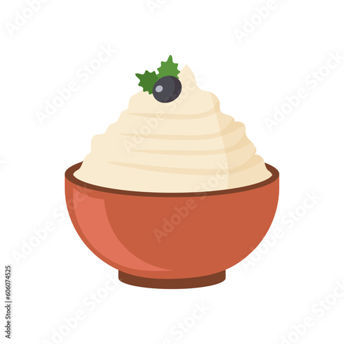 Cottage cheese in bowl, glass plate with cream curd and olive on top, dairy product