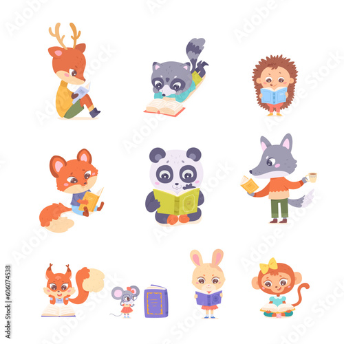 Cute animals read books set, funny smart characters holding open books and coffee cup
