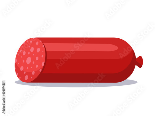 Salami sausage vector illustration. Cartoon isolated pepperoni or mortadella delicatessen round piece, smoked dry chorizo sausage, appetizer and gourmet sliced product of butchers shop