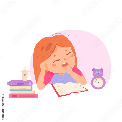 Tired child studying hard, asleep baby girl student yawning and reading, sitting at table