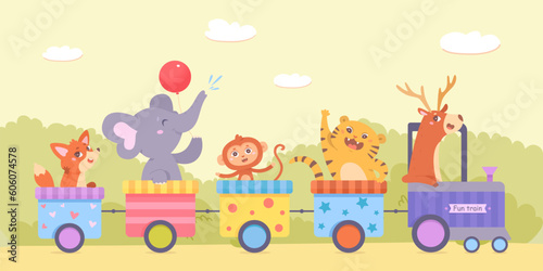 Cute animals travel on fun train, little passengers ride toy locomotive and carriages