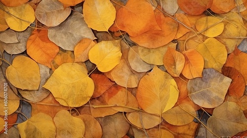 an Aspen leaves Horizontal background, Multi-colored Aspen leaves with, ambers, yellows, blues, and purples. , as a background. forest floor texture. Nature-themed, photorealistic. Generative AI