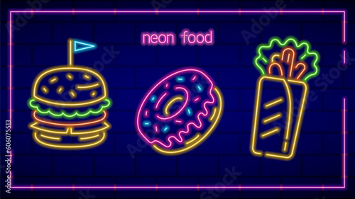 Three neon fast food icons, burger, donut and shawarma, glowing signs, illuminated vector design decorations.