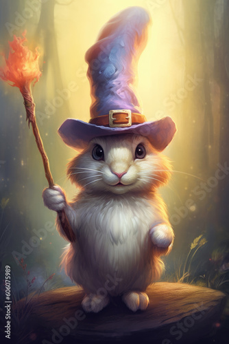 Bunny wizard with pointed hat and lighted magical staff Generative AI