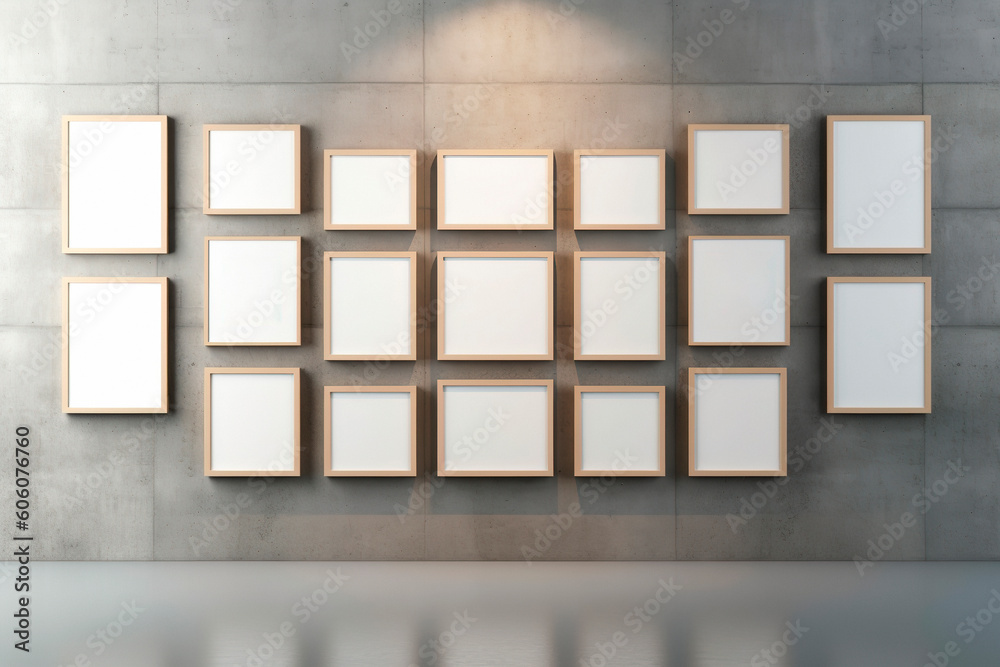 Multiple wooden picture frames on concrete wall. Generative ai edited Multiple wooden picture frames on concrete wall. Generative ai edited