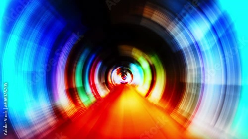 Warp tunnel wormhole moving in hyperspace, abstract blue energy vortex flying straight