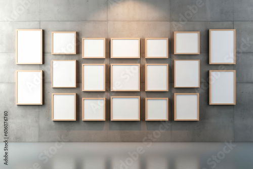 Multiple wooden picture frames on concrete wall. Generative ai edited