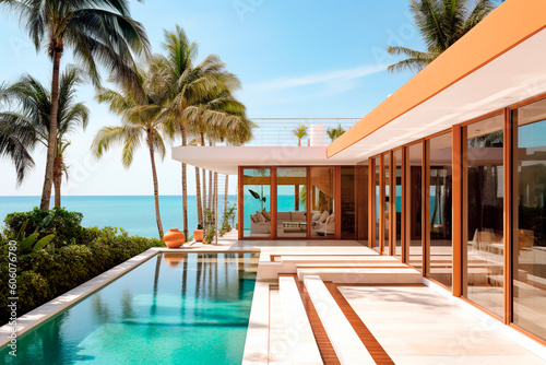 Sea view.Luxury modern white beach hotel with swimming pool. Sunbed on sundeck for vacation home or hotel. Generative ai Edited	
