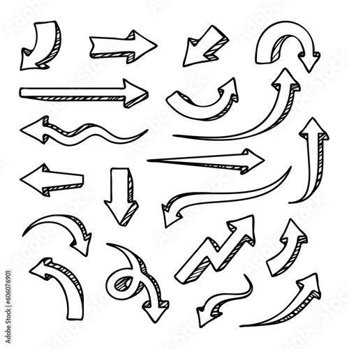 set of various hand drawn arrow vector element, arrow doodle sketch collection