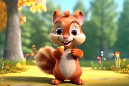 a cute adorable baby squirrel character stands in nature in the style of children-friendly cartoon animation fantasy 3D style Illustration  created by AI photo