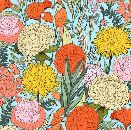 colorful hand-painted carnation contemporary modern vector illustration bright seamless pattern wallpaper, textile printing