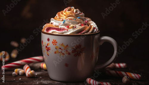Whipped cream and chocolate on hot drink generated by AI