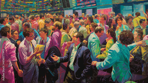 A busy stock market floor with traders in colorful jackets, signaling a dynamic business environment Generative AI © Наталья Евтехова