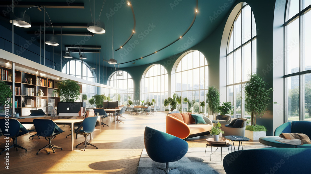 A sleek and modern co-working space with entrepreneurs working on their ventures Generative AI
