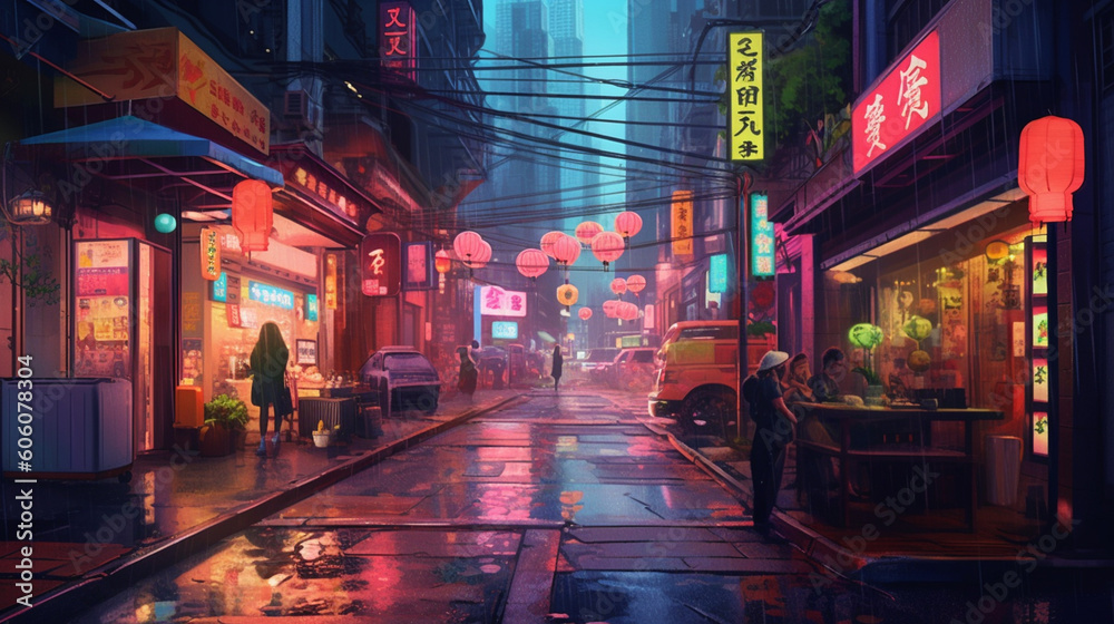 An illuminated city street at night, representing a vibrant nightlife and entertainment business Generative AI