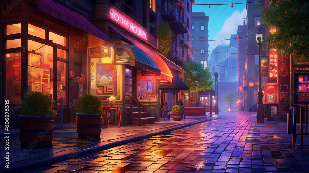 An illuminated city street at night, representing a vibrant nightlife and entertainment business Generative AI