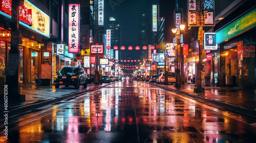 An illuminated city street at night, representing a vibrant nightlife and entertainment business Generative AI © Наталья Евтехова