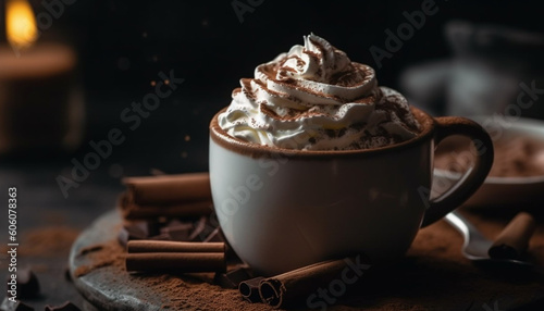 Indulgent hot chocolate with whipped cream decoration generated by AI