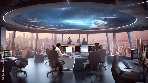 A virtual reality environment simulating a futuristic office space, showcasing innovative technology Generative AI
