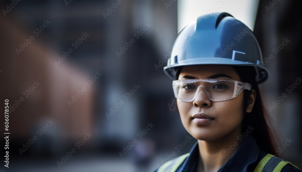 Young female engineer in hardhat at work site generated by AI Young female engineer in hardhat at work site generated by AI