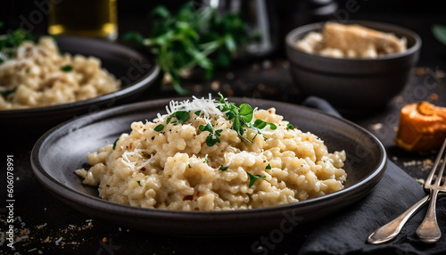 Healthy risotto meal on rustic wooden table generated by AI