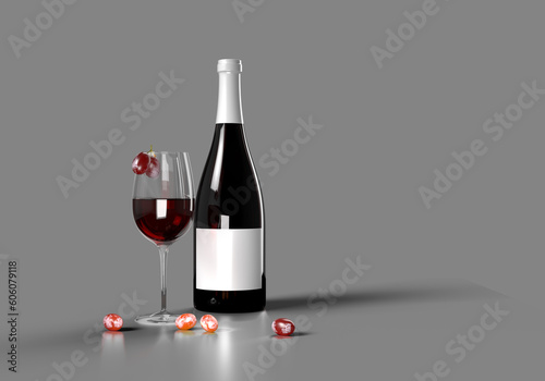 Wine bottle mockup with glass of wine and grape.