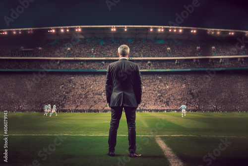 Back of Football Manager in Suit Standing Against the Soccer Stadium Created with Generative AI Technology photo