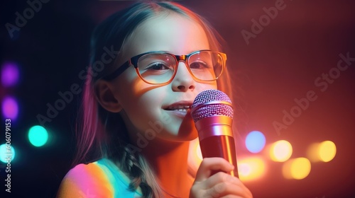 Little singer girl sing song to microphone on stage, attractive singer performs on stage with song, young talent competition concept, close up vocalist girl singer holds microphone, generative AI photo